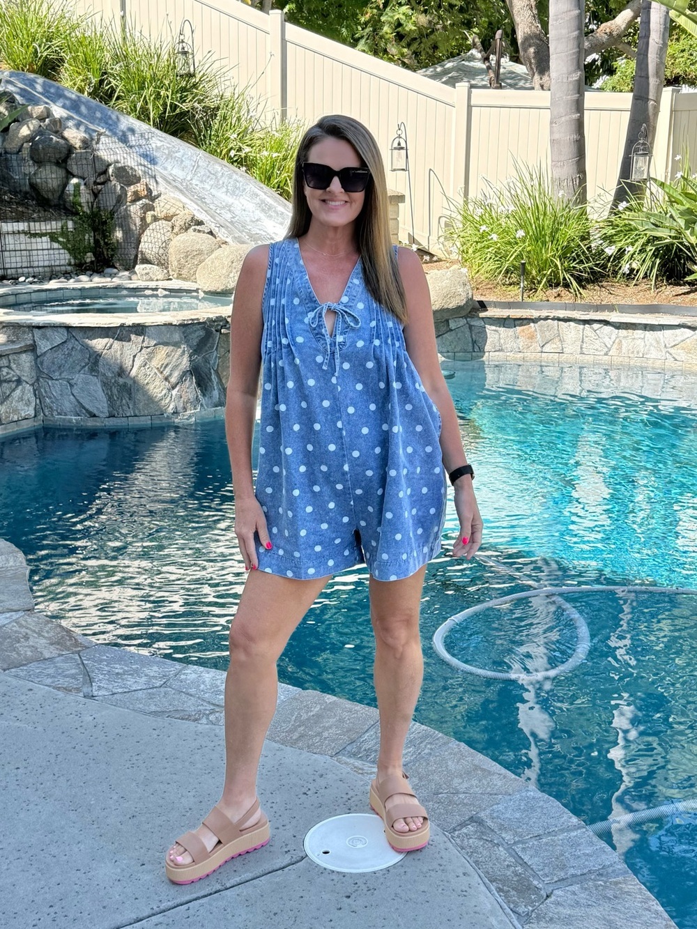 NWT Sleeveless Blue Polka Dot Tie-Front Romper